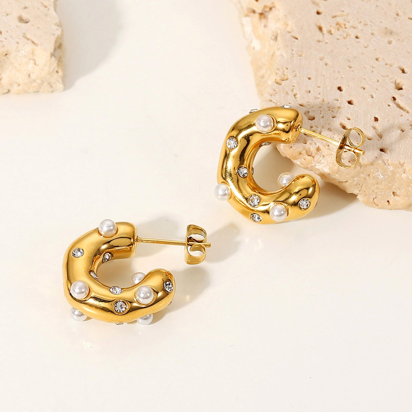 5pcs Fashion C-Shaped Earrings For Women 18K Gold Stainless Steel Hammer Set Zircon Earrings For Women