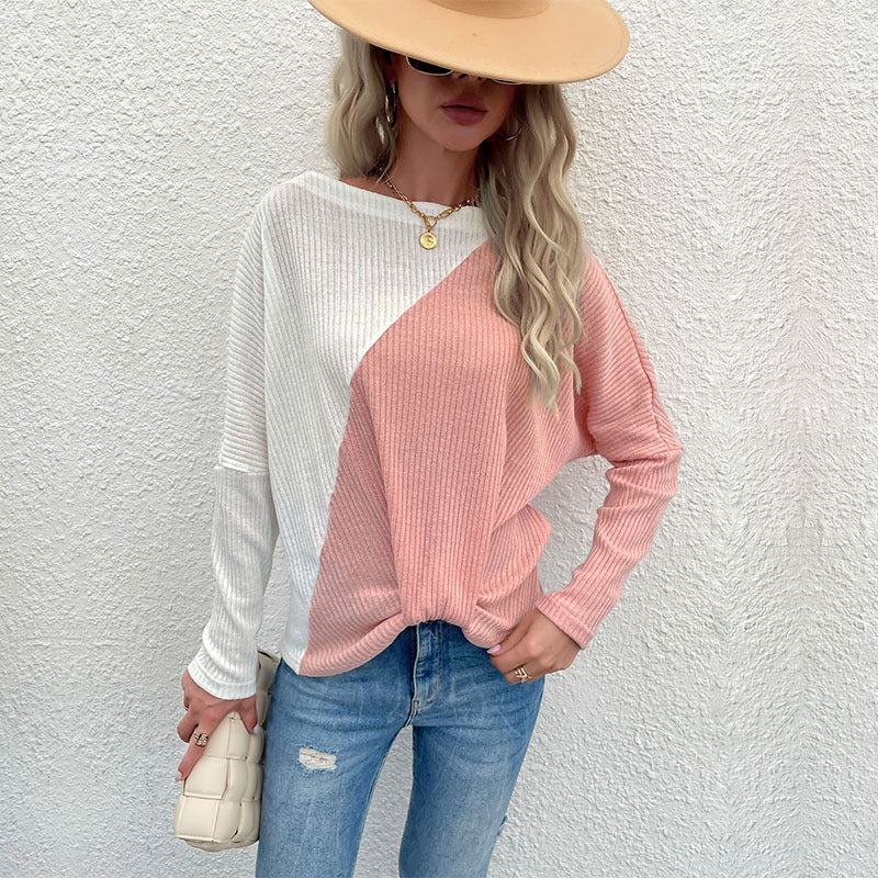 Autumn New  Women's Pullover Collocation Color Line Collar Thin Pink Sweater