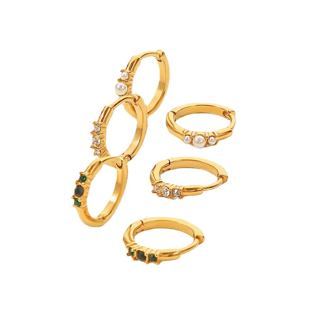 5pcs Women's Fashion All-Match Titanium Steel Earrings 18K Gold Plated With Three White Diamonds Round Ear
