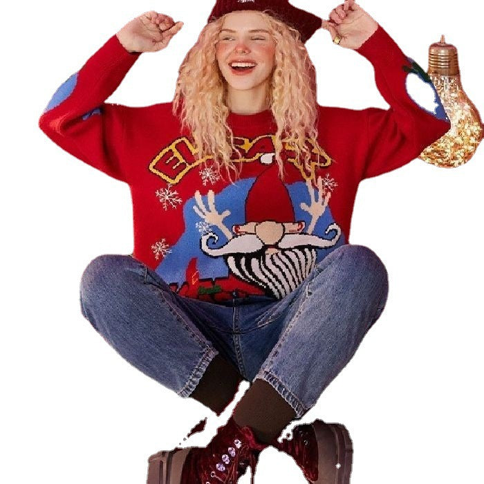 New Autumn Winter Thick Red Women's Sweater Plus-Size Santa Claus Top Retro Wear Knitwear Trend