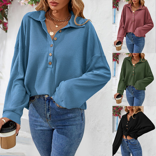 Women's New Autumn And Winter Lapel Button Solid Color Long-Sleeved Top T-Shirt