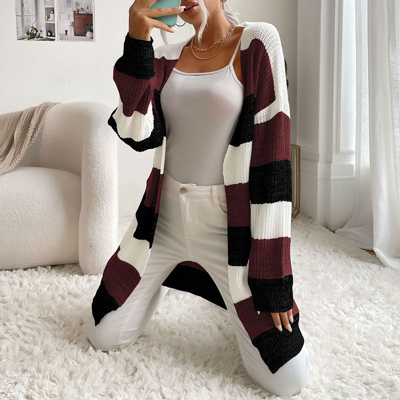 Autumn And Winter New  Women's Long Buttonless Color Sweater Coat