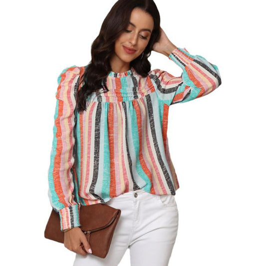 Thin Simple Striped Chiffon Shirt Women's New Autumn Pullover Round Neck Long Sleeve Blouse Women