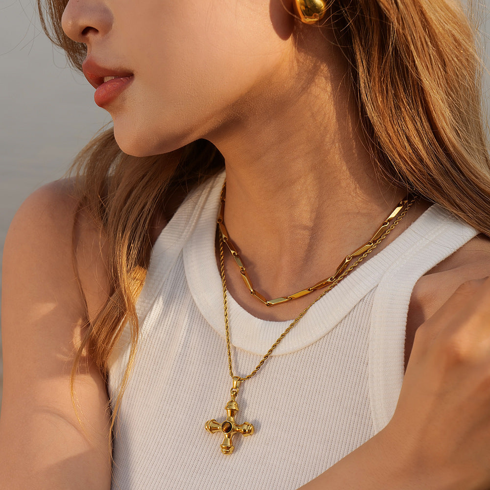 5pcs 18K Gold Stainless Steel Cross Set Tiger Eye Necklace Does Not Fade Fashion Accessories