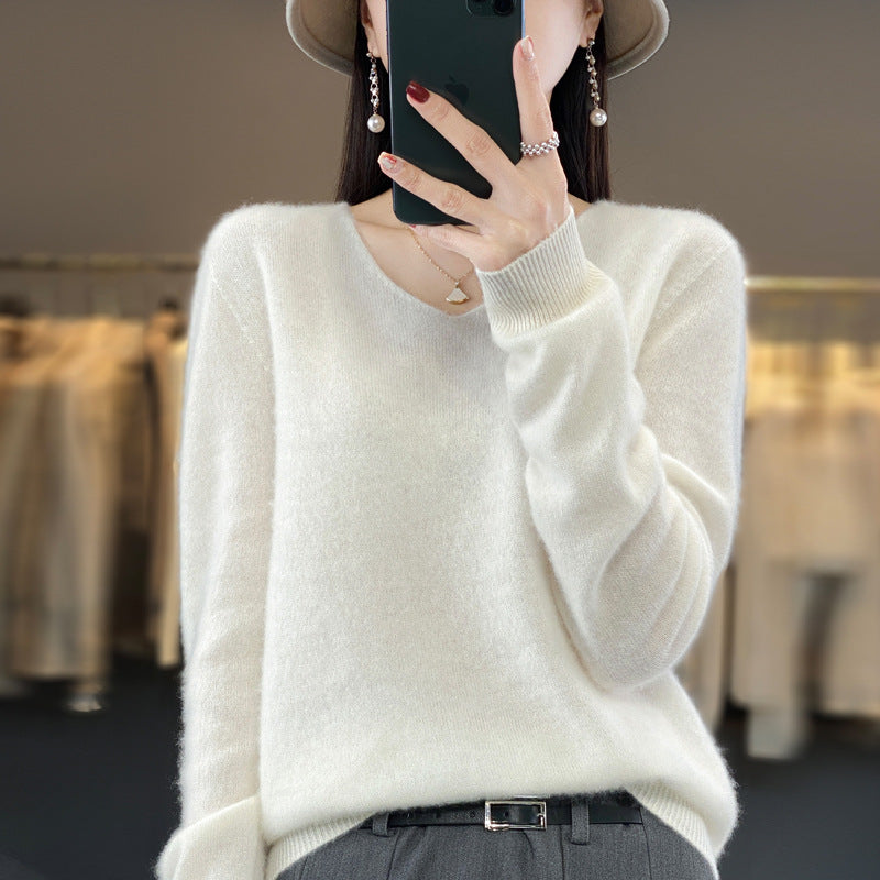 100 Pure Wool Knitwear Women's V-Neck Pullover Loose Base Shirt Autumn And Winter New Solid Color Sweater