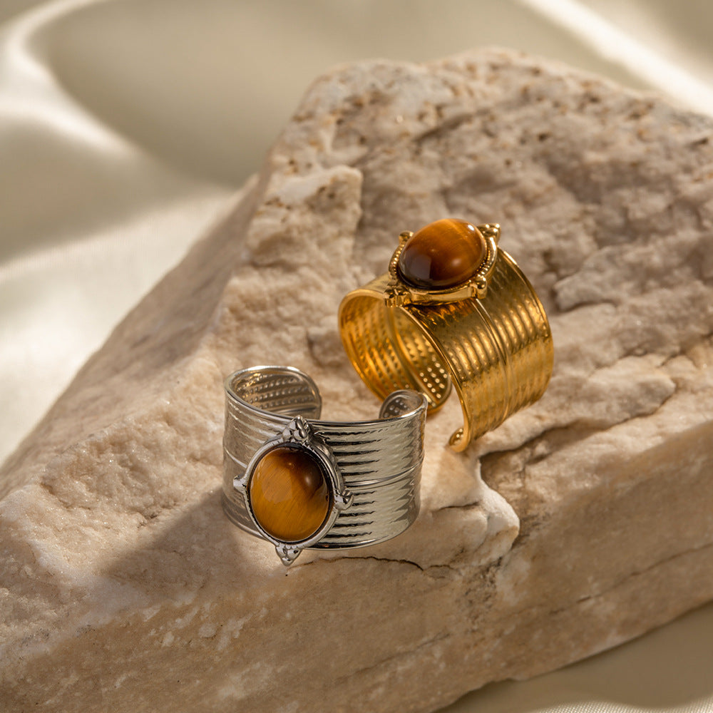 5pcs New 18-Karat Gold Natural Stone Tiger Bead Wide Opening Ring Stainless Steel Vintage High Quality Jewelry Ring For Women