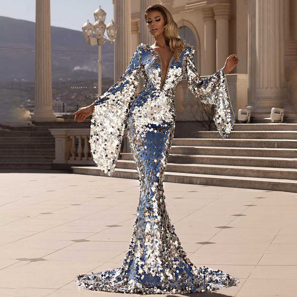 Spring New Women's Sexy Sequin Dress Silver Party Dress Cover Buttock Evening Gown