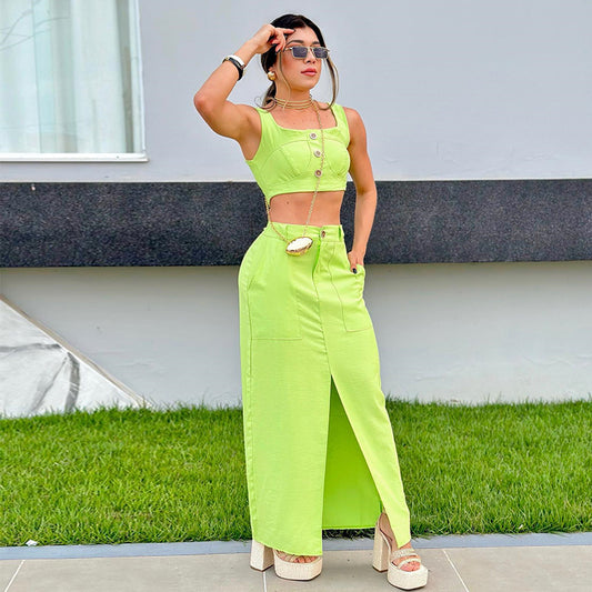 Women's Autumn New Fashion Square Collar Halter Vest High Waist Slit Skirt Suit