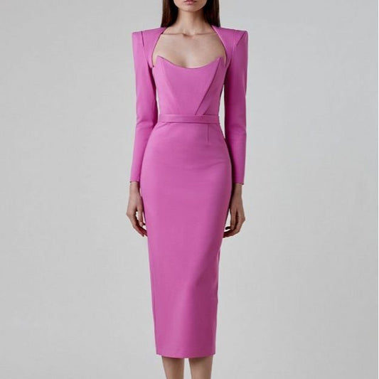 Fashion Shoulder Pads Sexy Low Cut Waist Bright Dress Elegant Temperament Bandage Dress