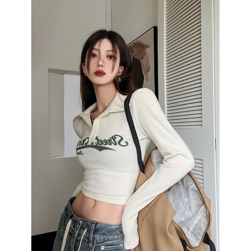 Retro Skinny Spice Girl T-Shirt Female Autumn Long Sleeve With Short Slim-Fit Base Shirt Early Autumn Chic Top