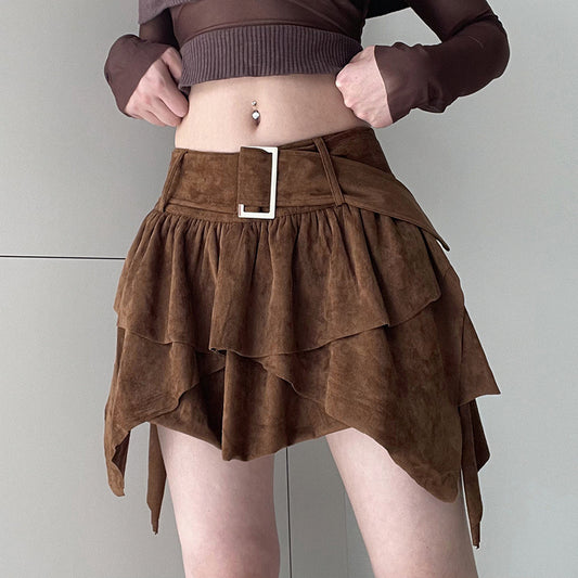 Spice Girls Y2K Sexy A-Line Skirt Summer Vintage Multi-Layer Big Belt Irregular Skirt Low Waist Half Skirt
