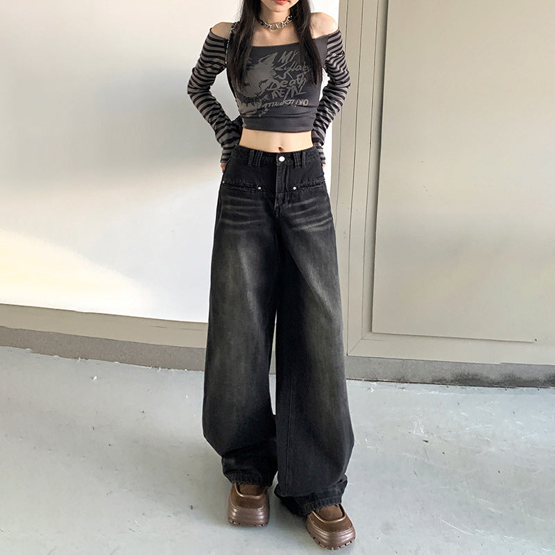 Pre-Fall Retro Washed High-Waisted Baggy Jeans Female Spice Personality Vertical Leg Jeans