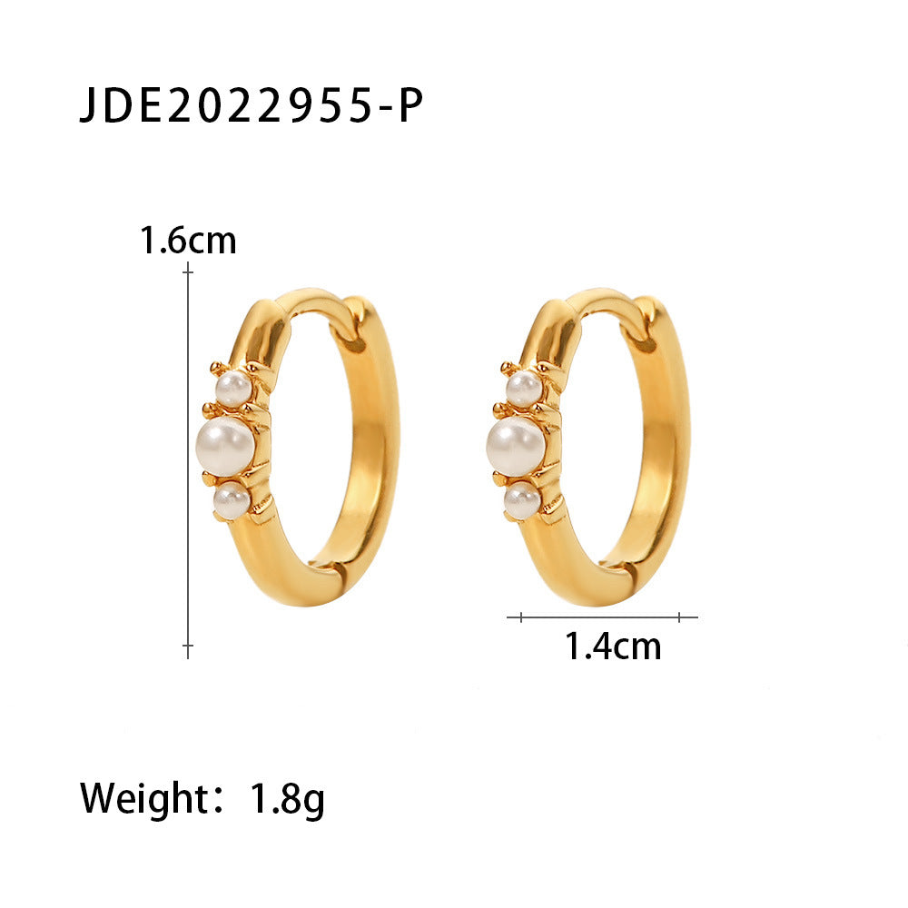 5pcs Women's Fashion All-Match Titanium Steel Earrings 18K Gold Plated With Three White Diamonds Round Ear