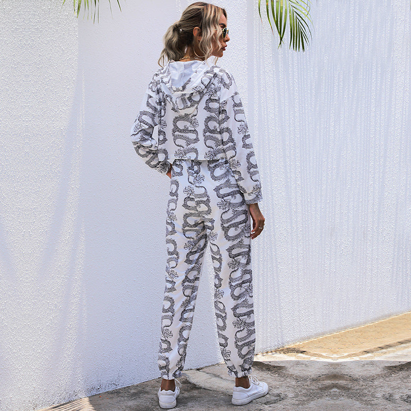 Autumn Winter Autumn Print Hooded Suit Casual Home Two-Piece Women