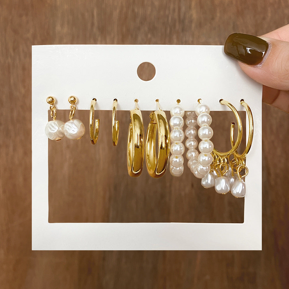5 Sets New Pearl Earrings Set for Women Retro Metal Geometric C-Shaped 5 pairs Earrings