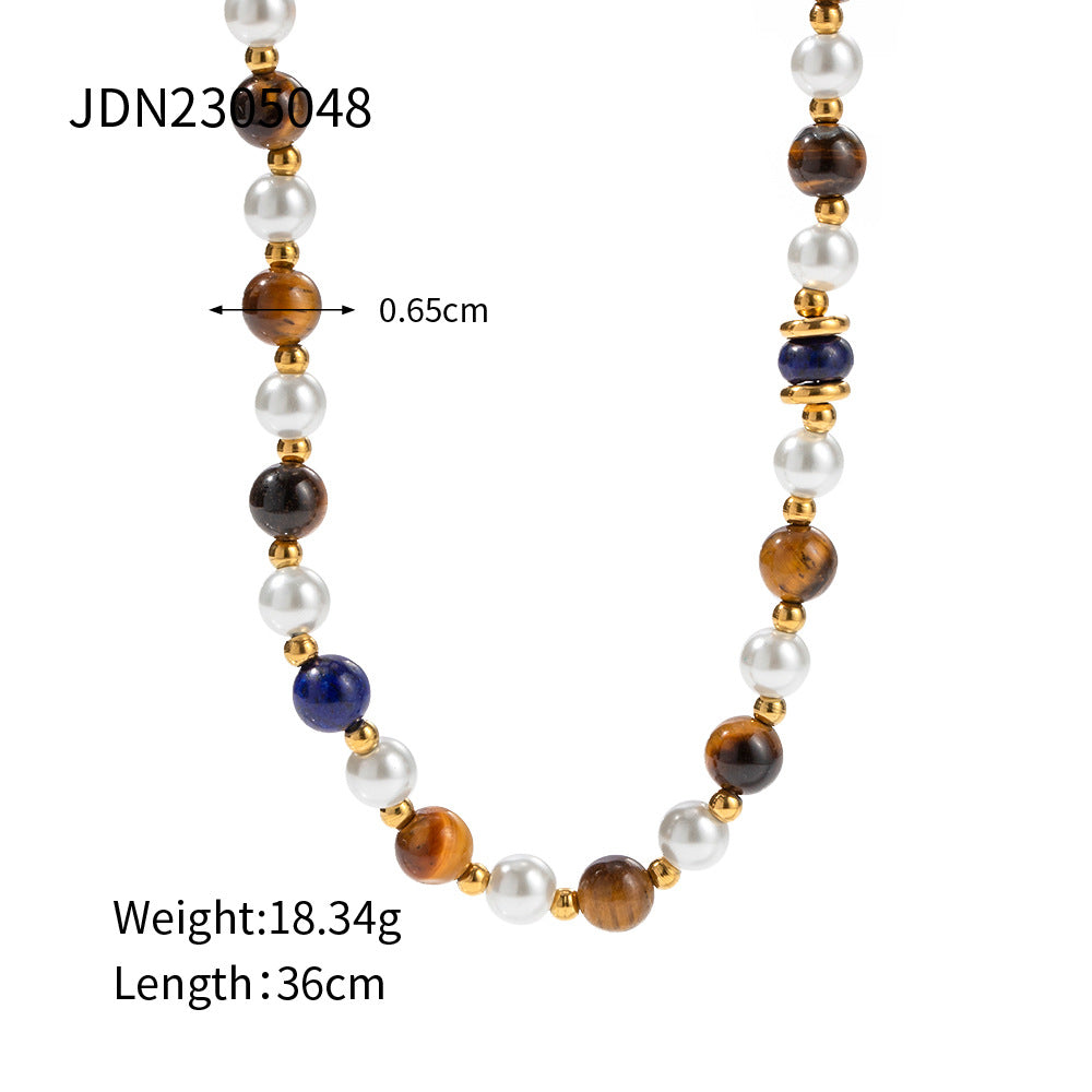 5pcs Titanium Steel Necklace 18K Gold Stainless Steel Inlaid Pearl Lapis Gold Stone Tiger Eye Stone Bead Necklace Jewelry