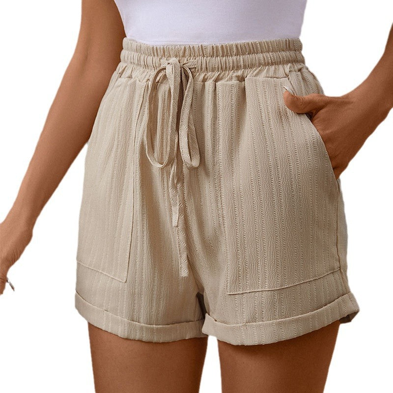 High Waist Women's Shorts New Lace-Up Casual Pants Elastic Waist Loose Wide Leg Pants