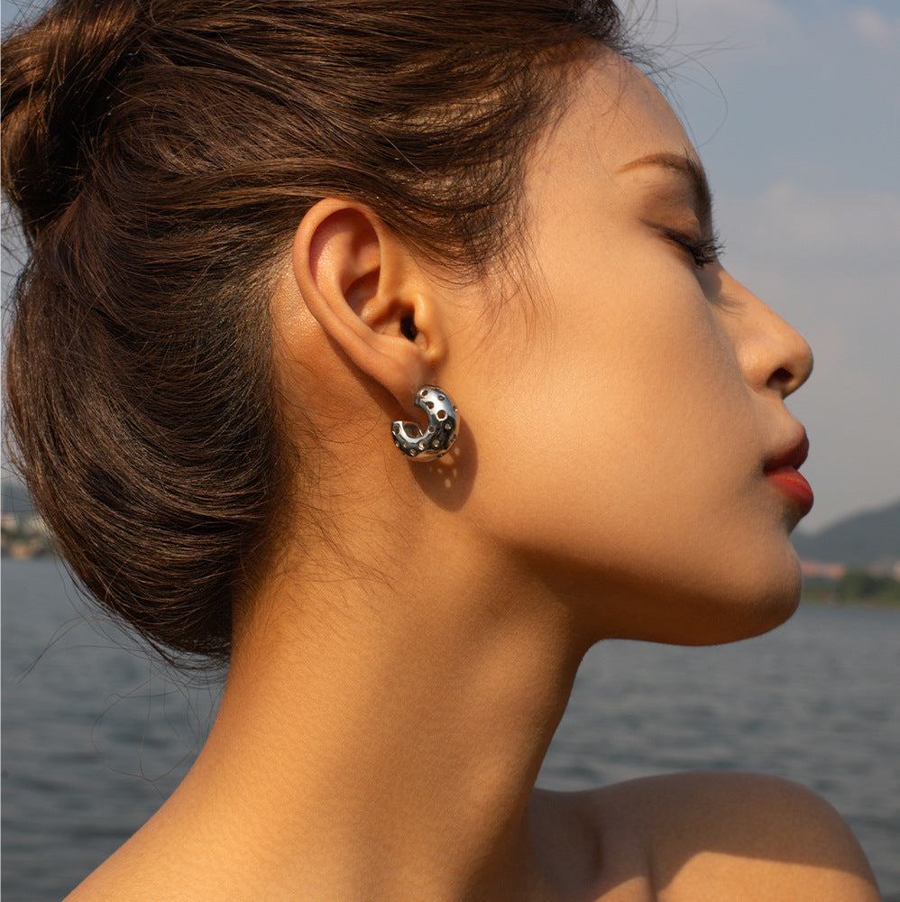 5pcs 18K Gold Stainless Steel Round Hollow C-Shaped Earrings New Fashion Temperament Niche Design Earrings