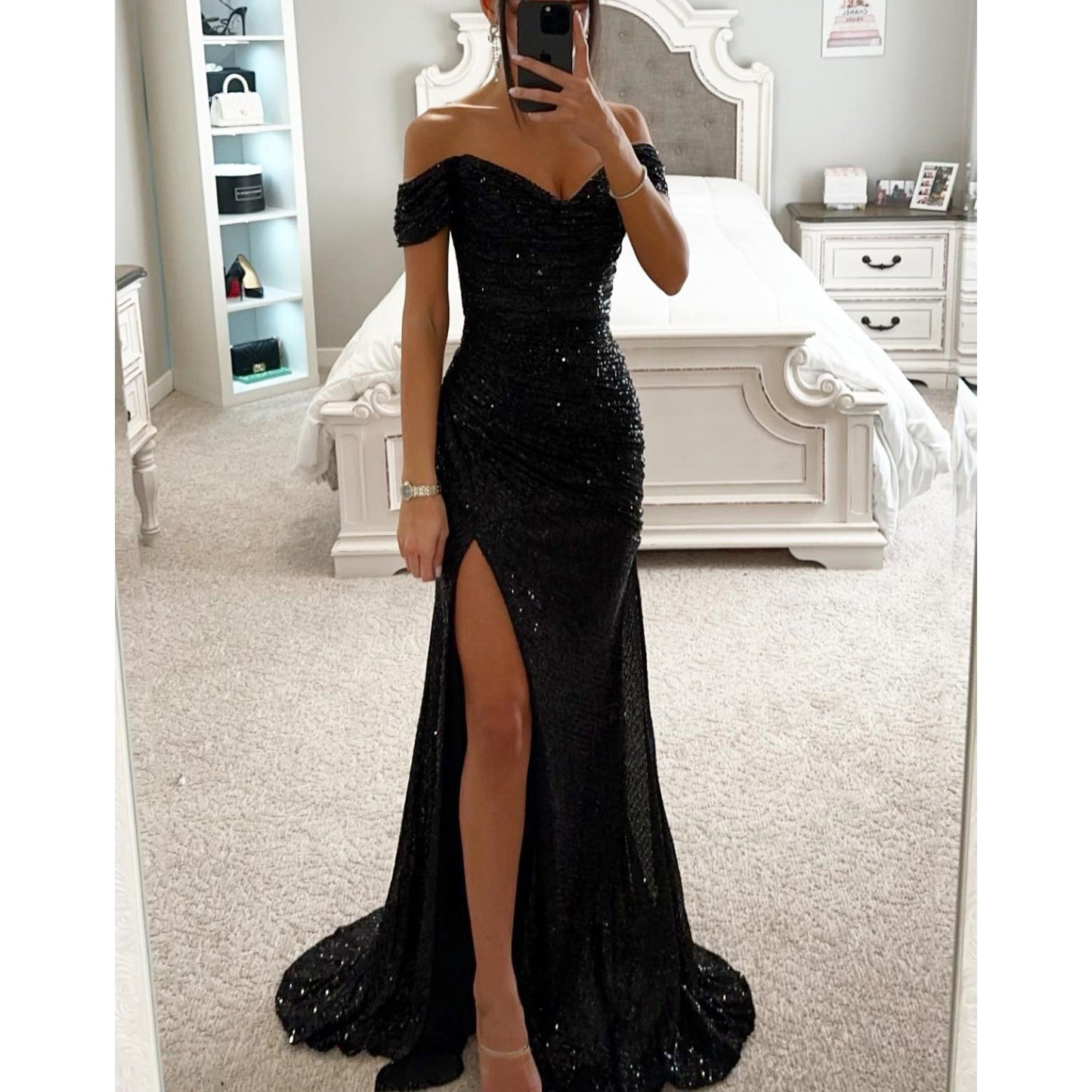 New Party Sequin One-Line Neck Slit Dress Casual Fashion Dress For Women