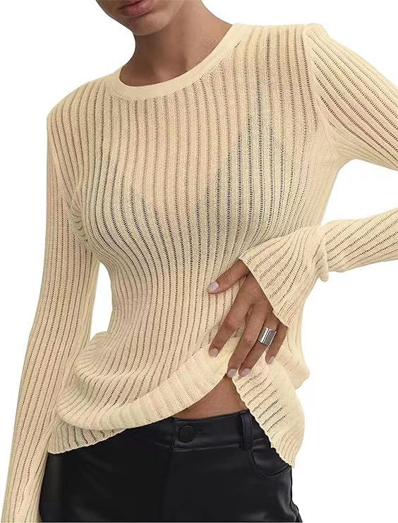 Spring And Summer New Solid Color Long Sleeve Pit Strip Round Neck Breathable Top For Women