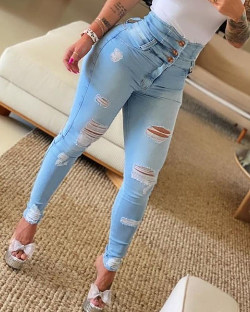 Fall New High-Waisted Skinny Denim Pants For Women With Ripped Feet
