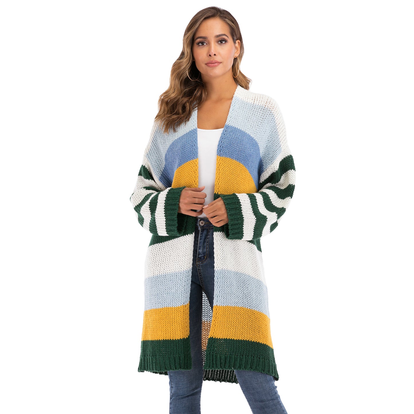 Women's Mixed Color Splicing Color Contrast Stripes Long Woven Sweater Thick Cardigan Coat