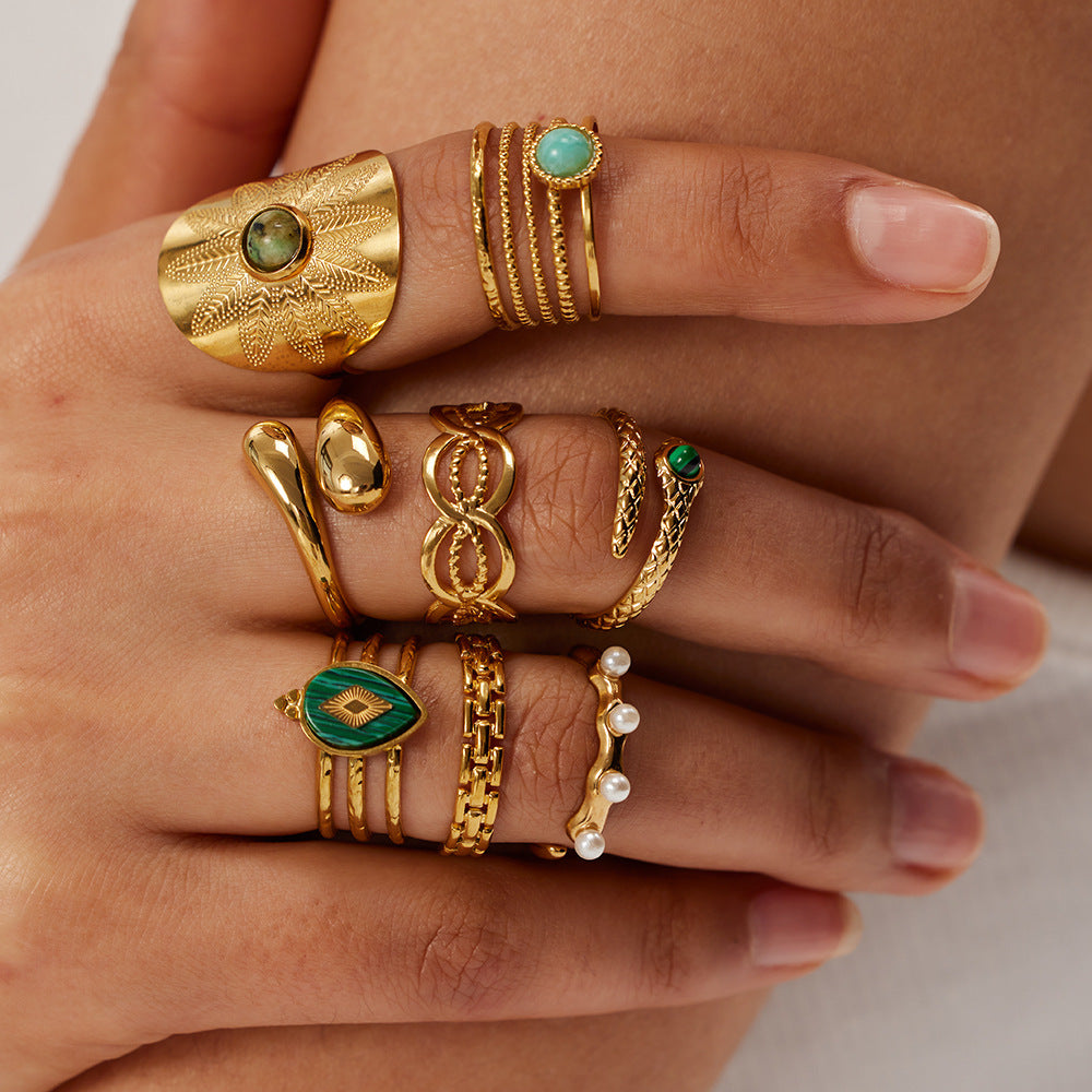 5pcs 18K Gold Plated Stainless Steel Design Natural Malachite Ring Women Do Not Fade Jewelry