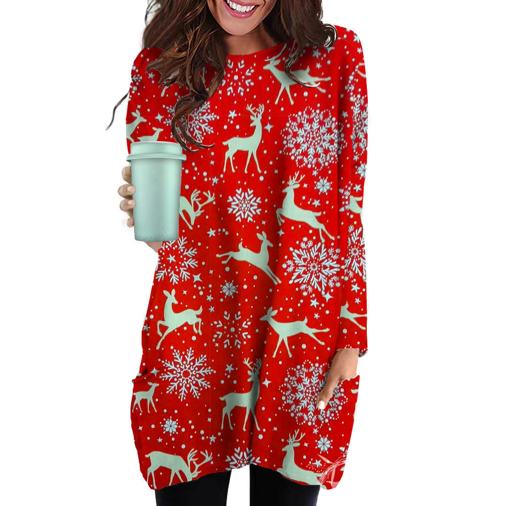 Women's Loose Round Neck 3D Christmas Elements Printed Long T-Shirt A Hair Casual Hoodie