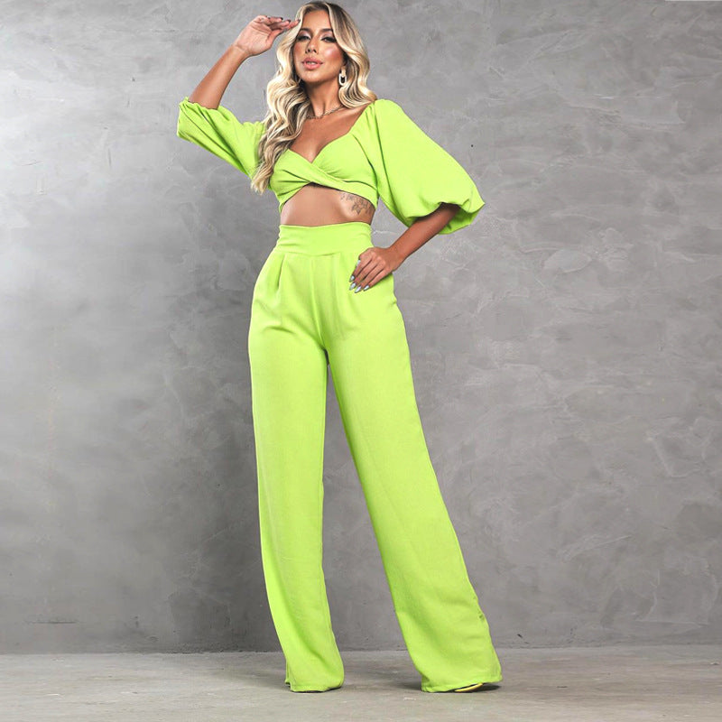 Sexy Fashion Casual Suit Solid Color Loose Spring Summer Lantern Sleeve New Trousers Two-Piece Set