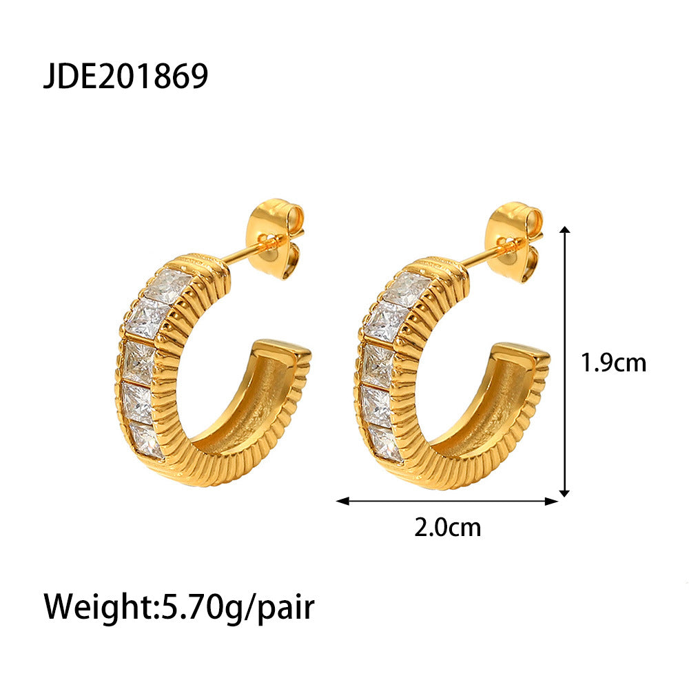 5pcs 18K Gold Stainless Steel Five Square Green Zircon Inlaid Thread C-Shaped Earrings Light Luxury Of All Matching Earrings