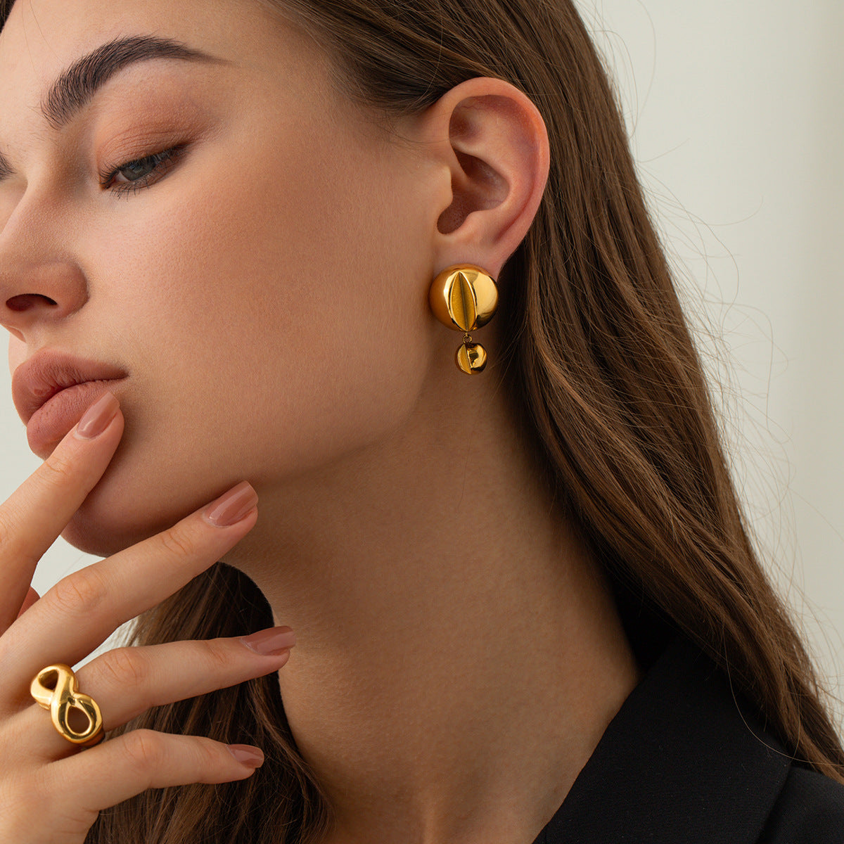 5pcs 18-Karat Gold Stainless Steel Bright Side Hemisphere Double Ball Pendant Earrings Stainless Steel Jewelry