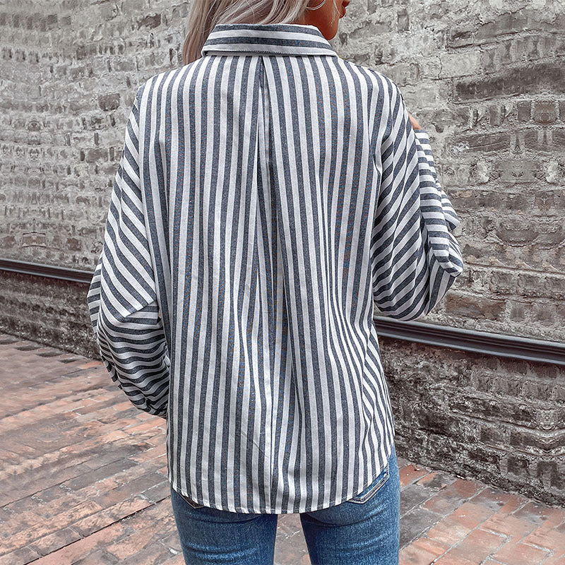 New Spring New Striped Cardigan Shirt Long Sleeve Commuter Lapel Shirt Woman