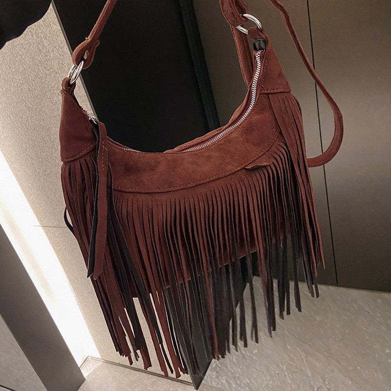 High Appearance Level Bag Female New Version Retro Fashion Single Shoulder Crossbody Bag Texture Hand-Tassel Bag