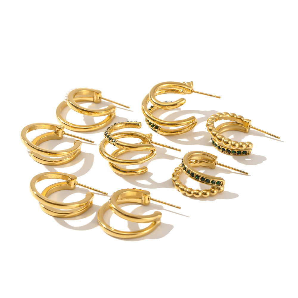 5pcs New Women's All-Match Titanium Steel Earrings Stainless Steel Plated 18-Karat Gold Set With Green/White Diamond Geometric C-Shaped Earrings