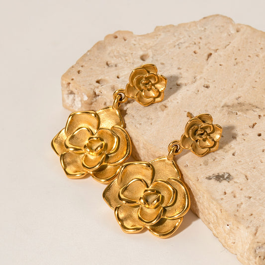 5pcs 18K Gold-Plated Stainless Steel Rose Pendant Earrings For Women's Fashion Timeless Accessories