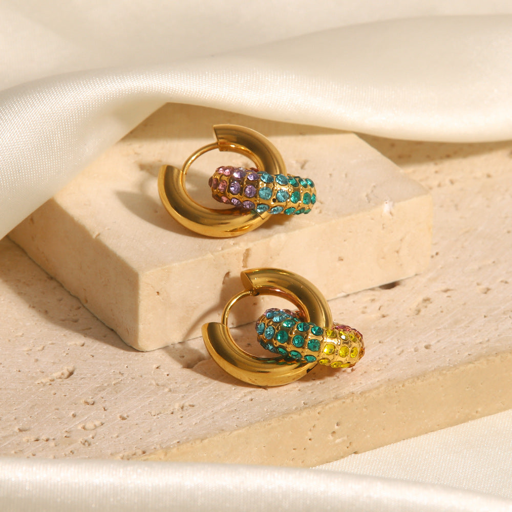5pcs Jewelry 18K Gold Plated Multicolor Full Diamond Doughnut New Fashion All-In-One Earrings
