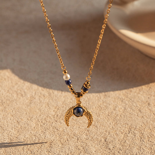 5pcs Fashion Popular 18K Stainless Steel Pearl Lapis Lazarus Horn Pendant Necklace Jewelry