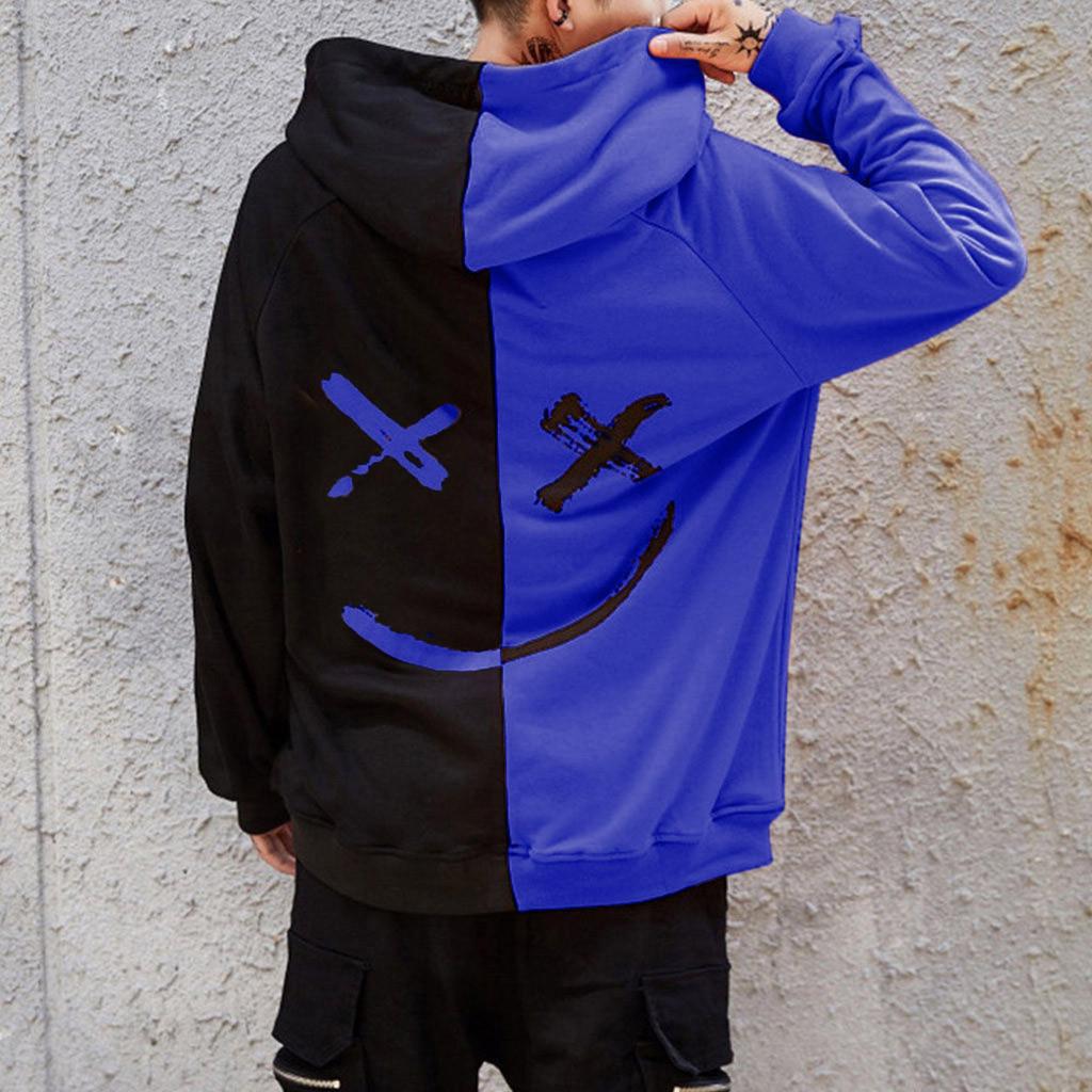 Men's Casual Fashion Color Matching Smiley Hoodie Long Sleeve Sports Hooded Top Men's Wear