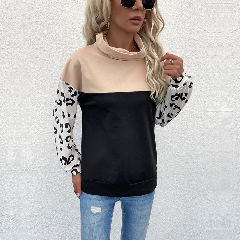 Autumn and Winter New Casual Leopard Print Jacket with Long-Sleeves and High-Neck Hoodie