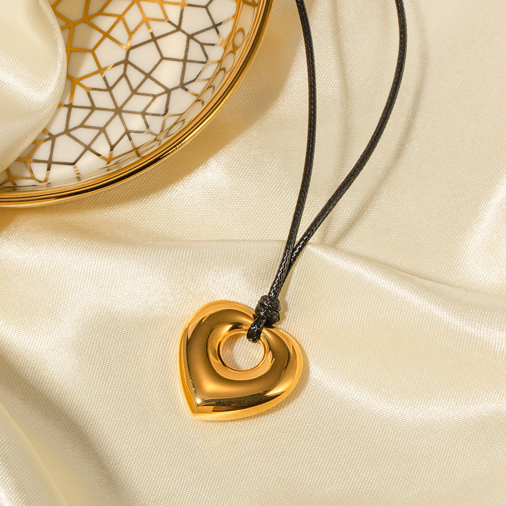 5pcs Stainless Steel Black Wax Rope Hollow Love Pendant Necklace Light Luxury Senior Minority