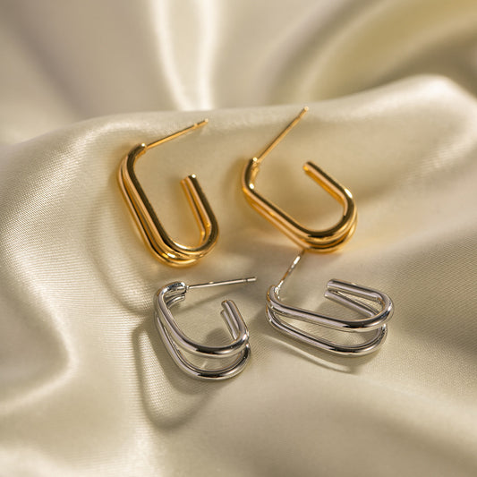5pcs Same 18K Gold-Plated Stainless Steel Ring Earrings Titanium Steel Double Line Geometric Earrings For Women