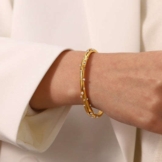 5pcs Fashion New All-Match Titanium Steel Bracelet 18K Gold-Plated Pearl Zircon Cross-Inlaid Bracelet Women's Hand Jewelry