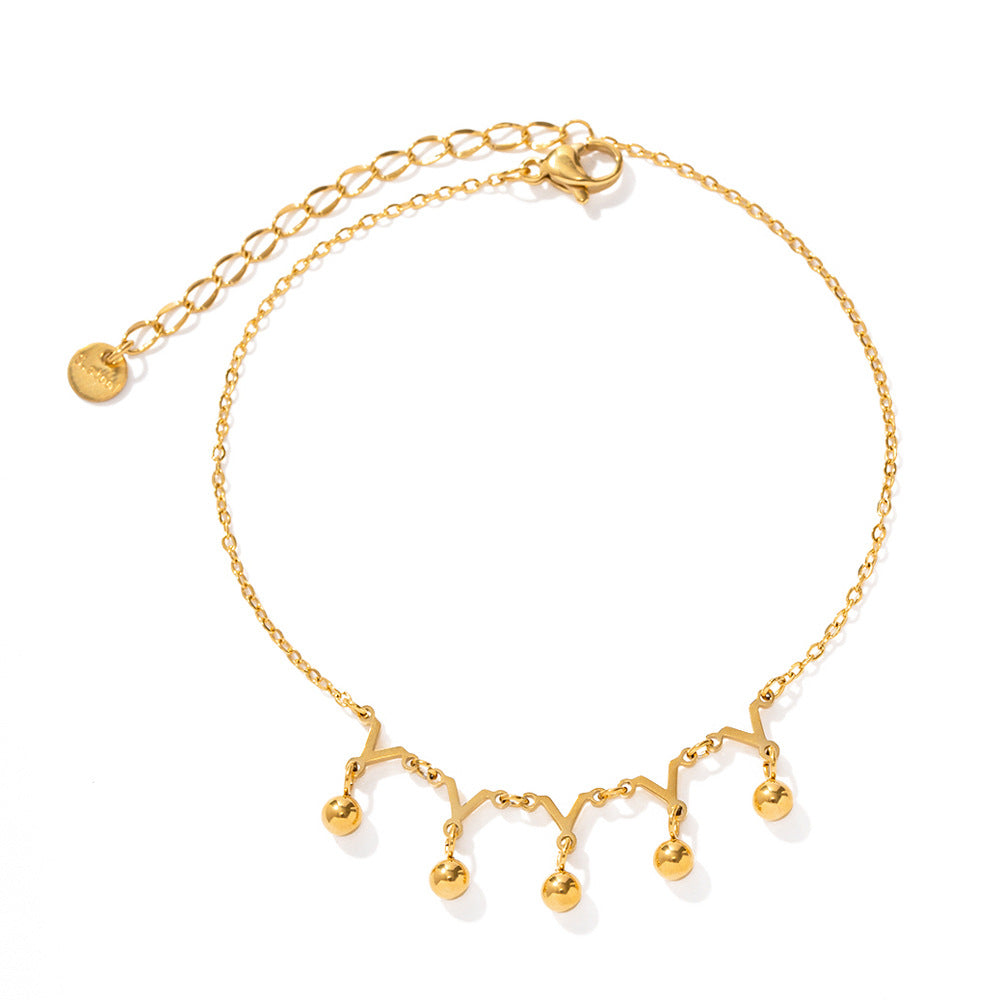 5pcs Women's New Titanium Steel Anklet 16K Gold Stainless Steel Y-Shaped Small Gold Ball Pendant Anklet Jewelry