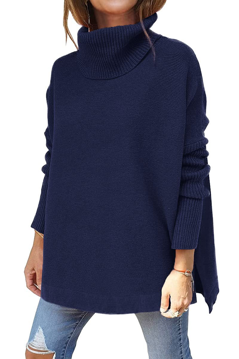 New Women's Turtleneck Oversized Sweater Mid-Length Batwing Sleeve Slit Hem Tunic Jumper
