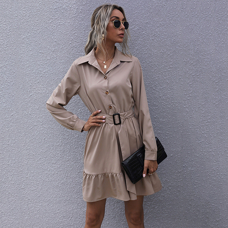 Lapel Fashion Shirt Dress Black Long-Sleeved Shirt Dress Early Autumn