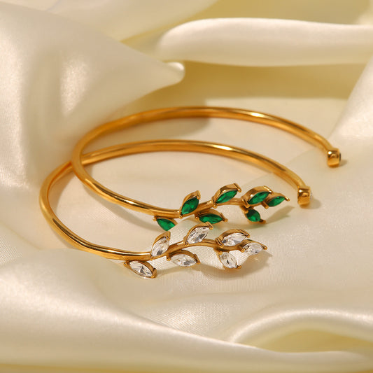 5pcs Fashion New All-Match Titanium Steel Bracelet 18K Gold Electroplated Green Zircon Leaf Open Bracelet Women's Hand Jewelry