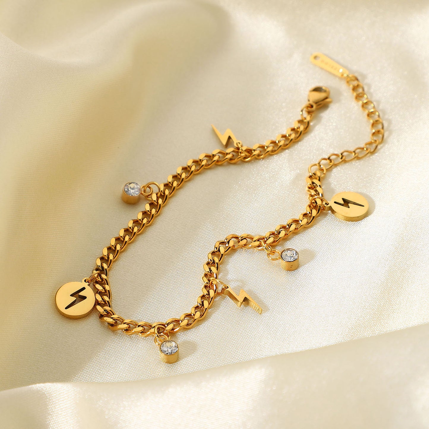 5pcs Personality With 18K Gold-Plated Stainless Steel Lightning Small Round Zircon Pendant Bracelet For Ladies