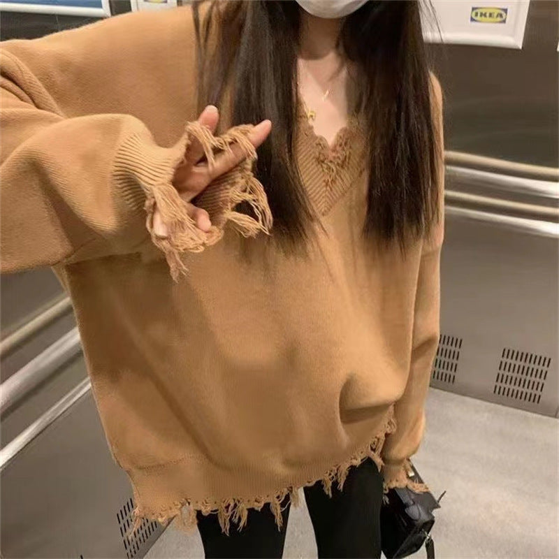 Autumn And Winter New V-Neck Sweater Women Loose Long-Sleeved Lazy Pullover Sweater Design Feeling Broken Sweater