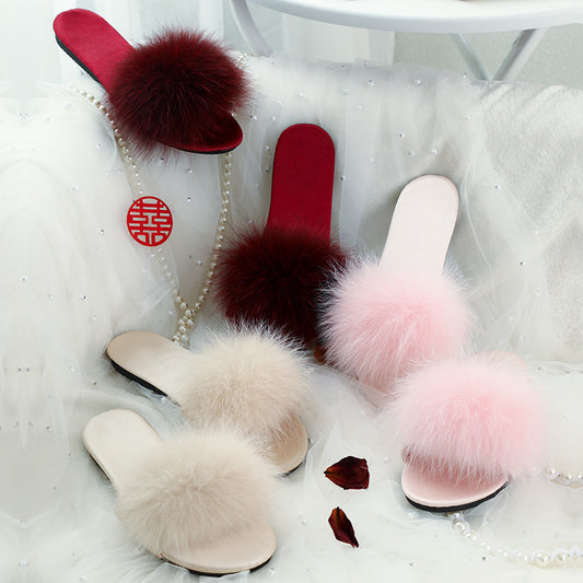 Wedding Bridesmaid Slippers Women's Satin Red Feather Plush Slippers Bride Morning Robe