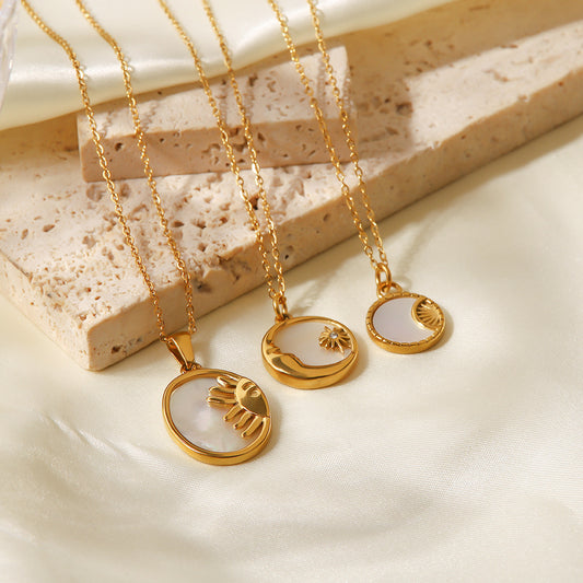 5pcs Vintage Style Stainless Steel White Shell Sun Necklace 18K Gold Plated Oval Sun And Moon Shell Pendant Necklace